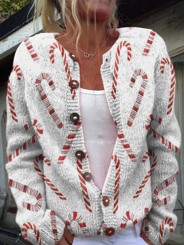 Festive Candy Cane Decorative Pattern | Buttoned Cardigan Sweater