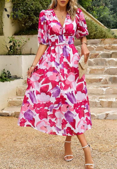 Monica | Floral Midi Dress with Puff Sleeves